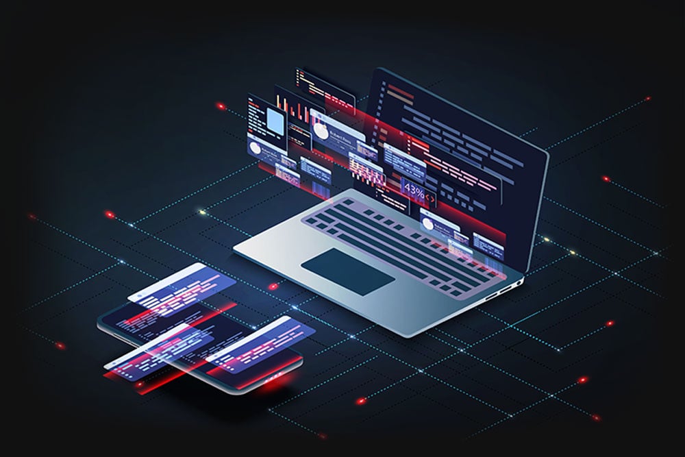 Illustration of computer with connected engineering data