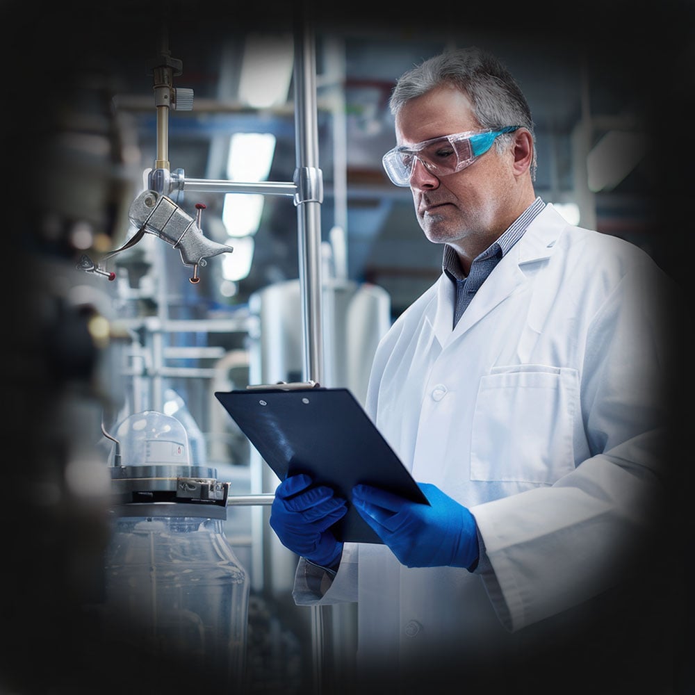 Quality professional analyzing engineering documentation in manufacturing facility