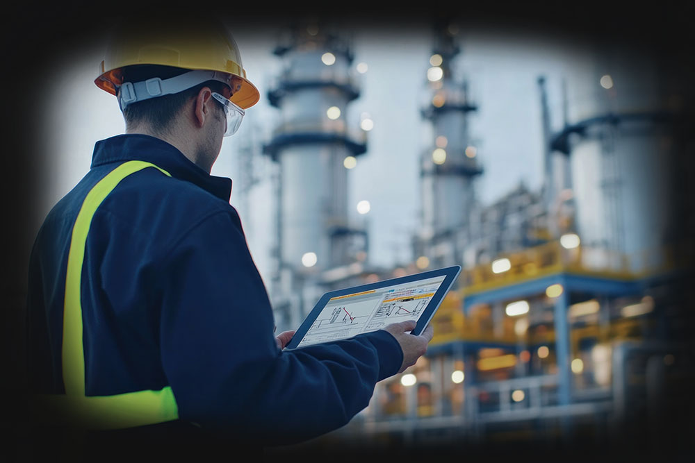 Engineer on tablet outside of manufacturing plant
