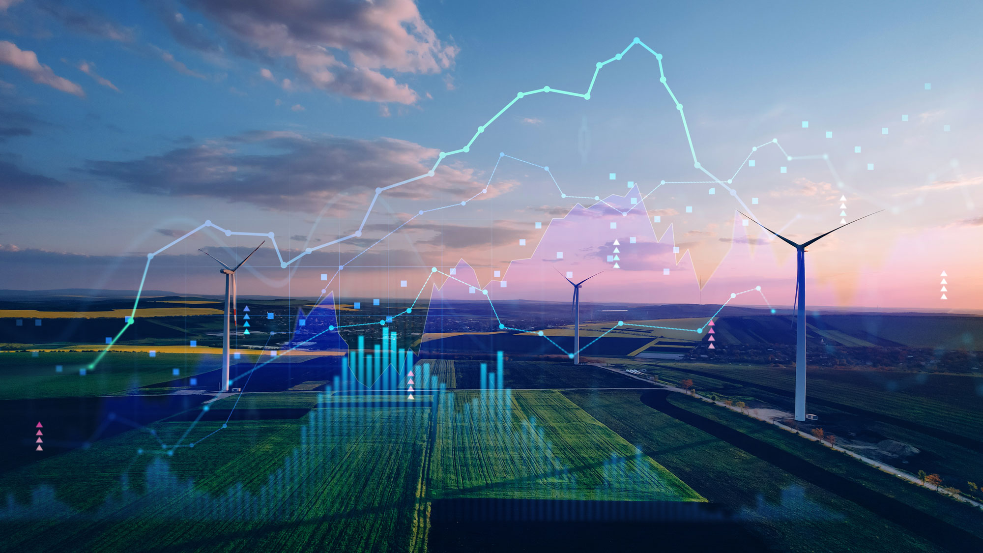 Wind farm with digital data overlays representing EIM