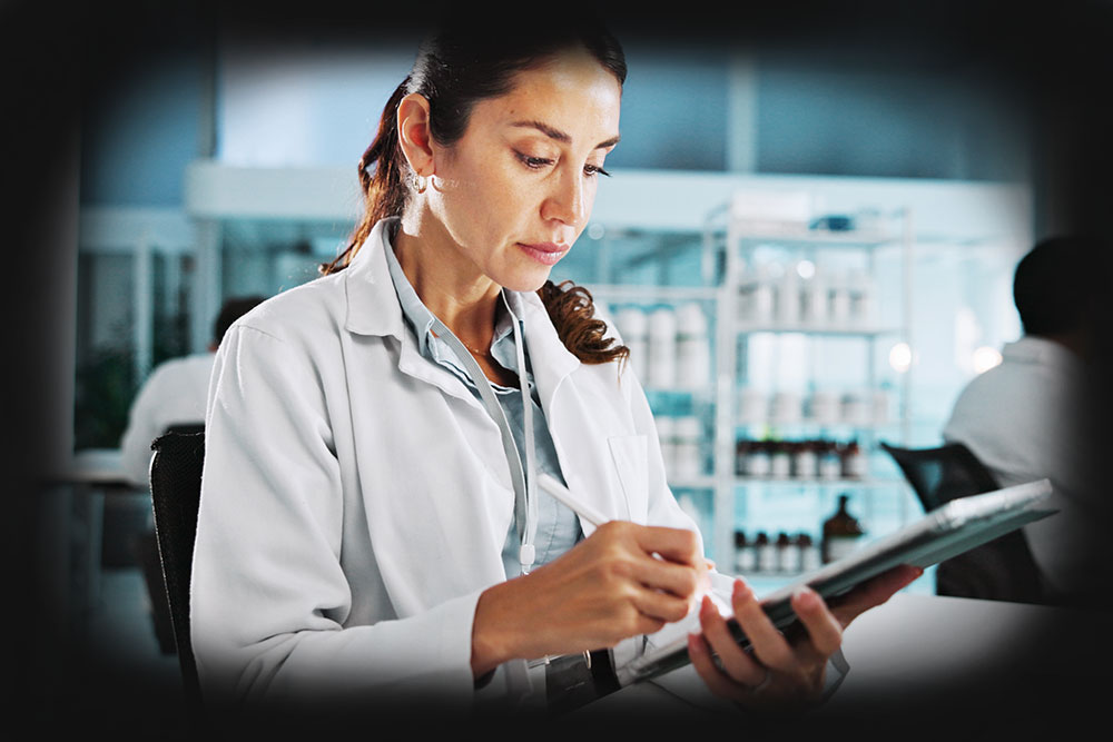 Pharmaceutical professional reviewing controlled documents