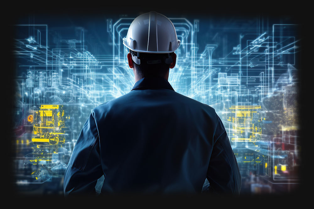 Engineer analyzing complex engineering drawings 