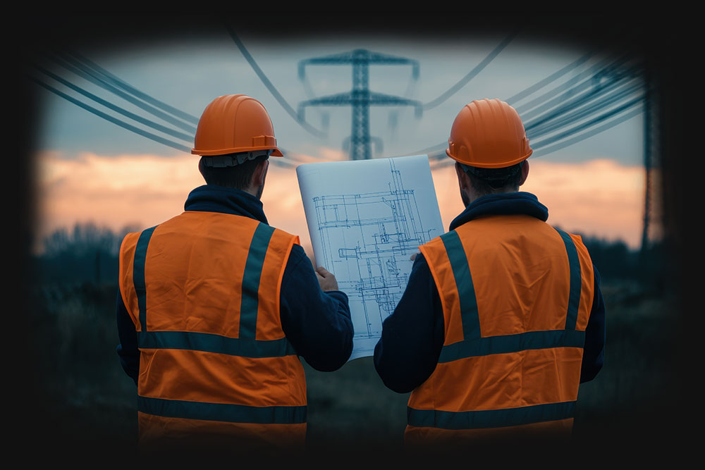 Engineers reviewing schematics for electrical infrastructure