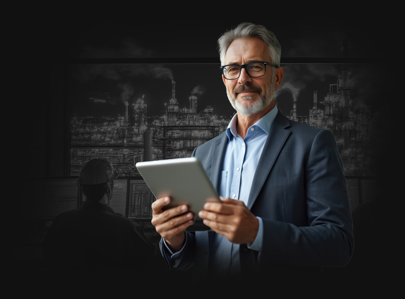 engineering executive holding tablet managing documents