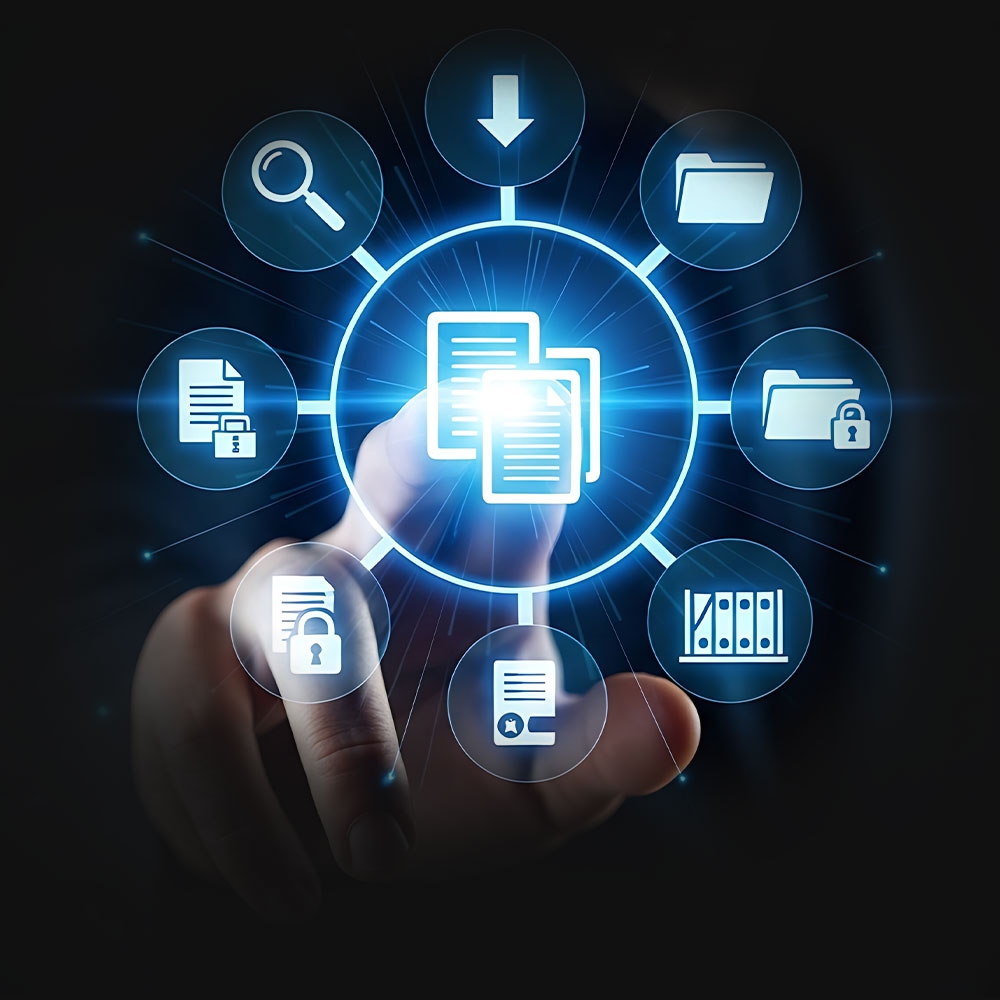 Graphic depicting documents and workflow
